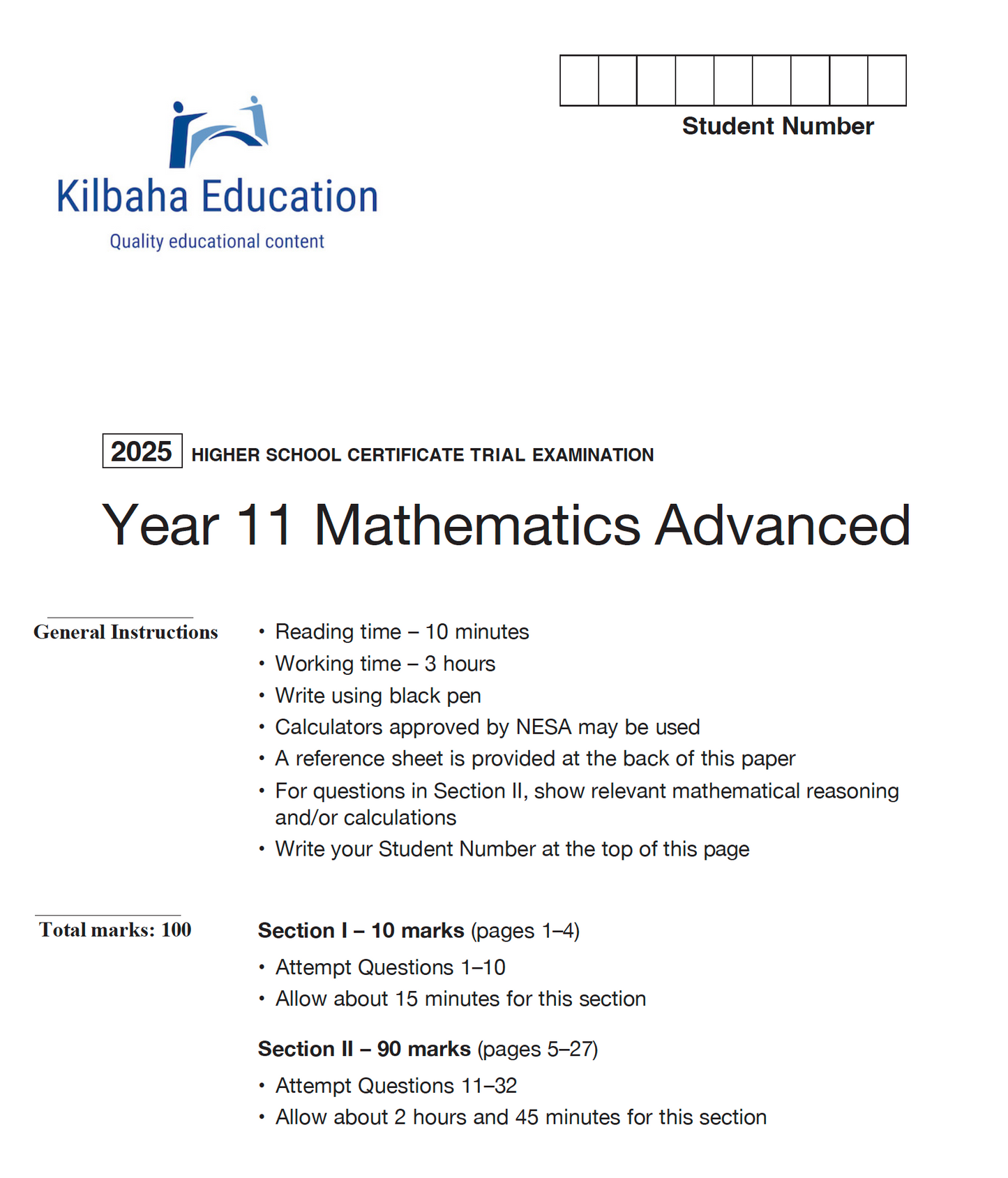 NSW HSC Year 11 Mathematics Advanced - Trial Examination