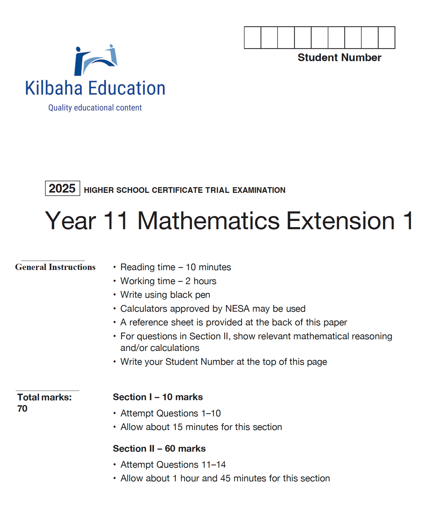 NSW HSC Year 11 Mathematics Extension 1 - Trial Examination