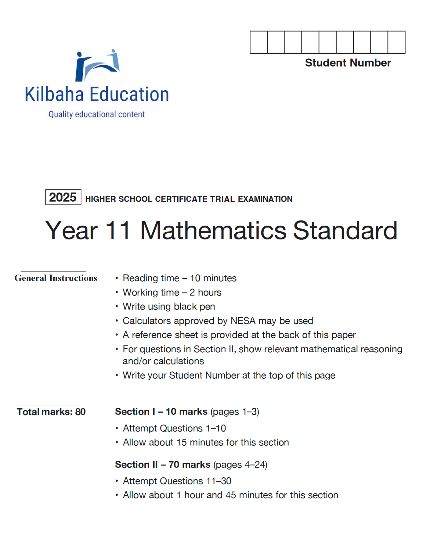 NSW HSC Year 11 Mathematics Standard - Trial Examination