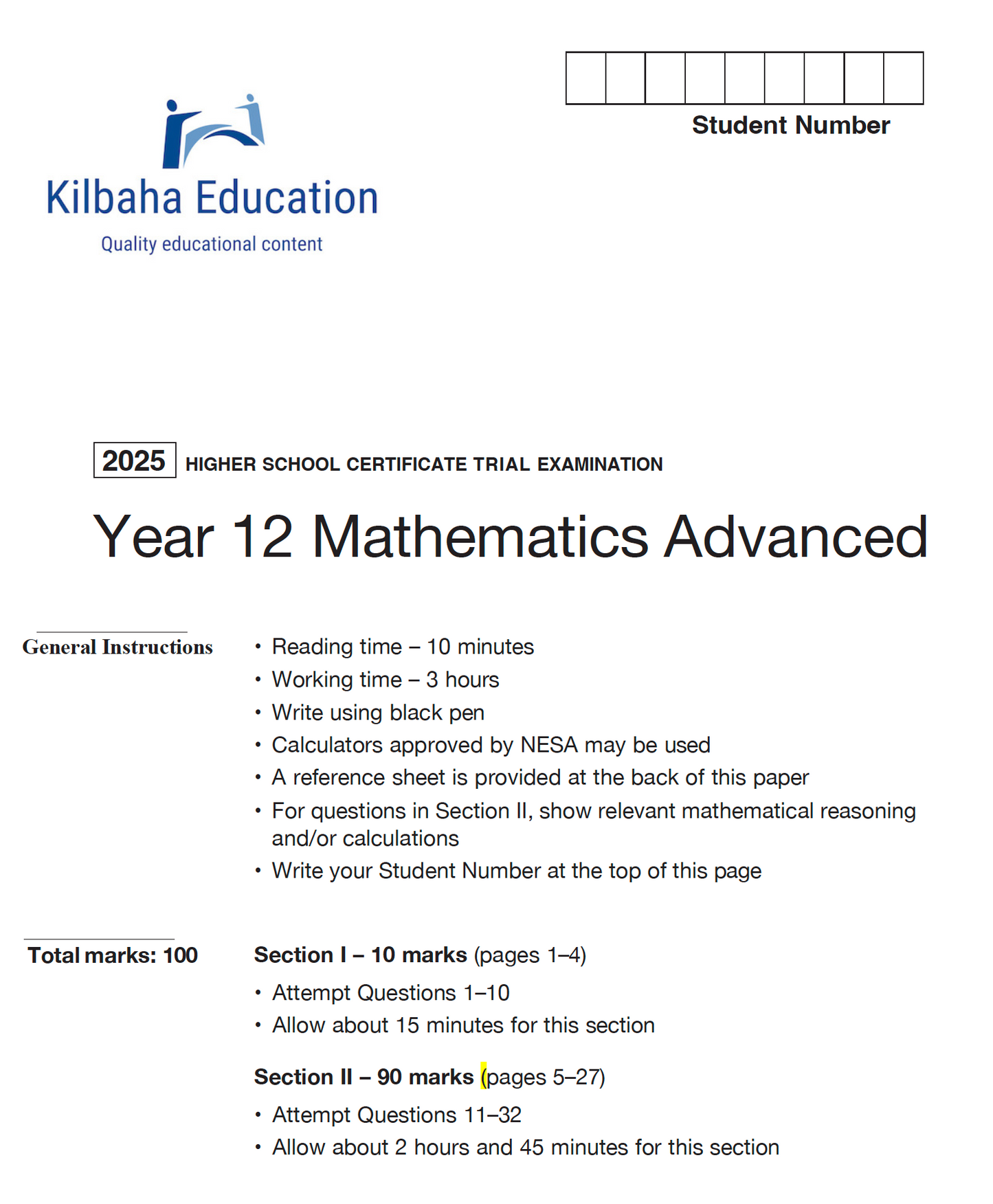 NSW HSC Year 12 Mathematics Advanced - Trial Examination