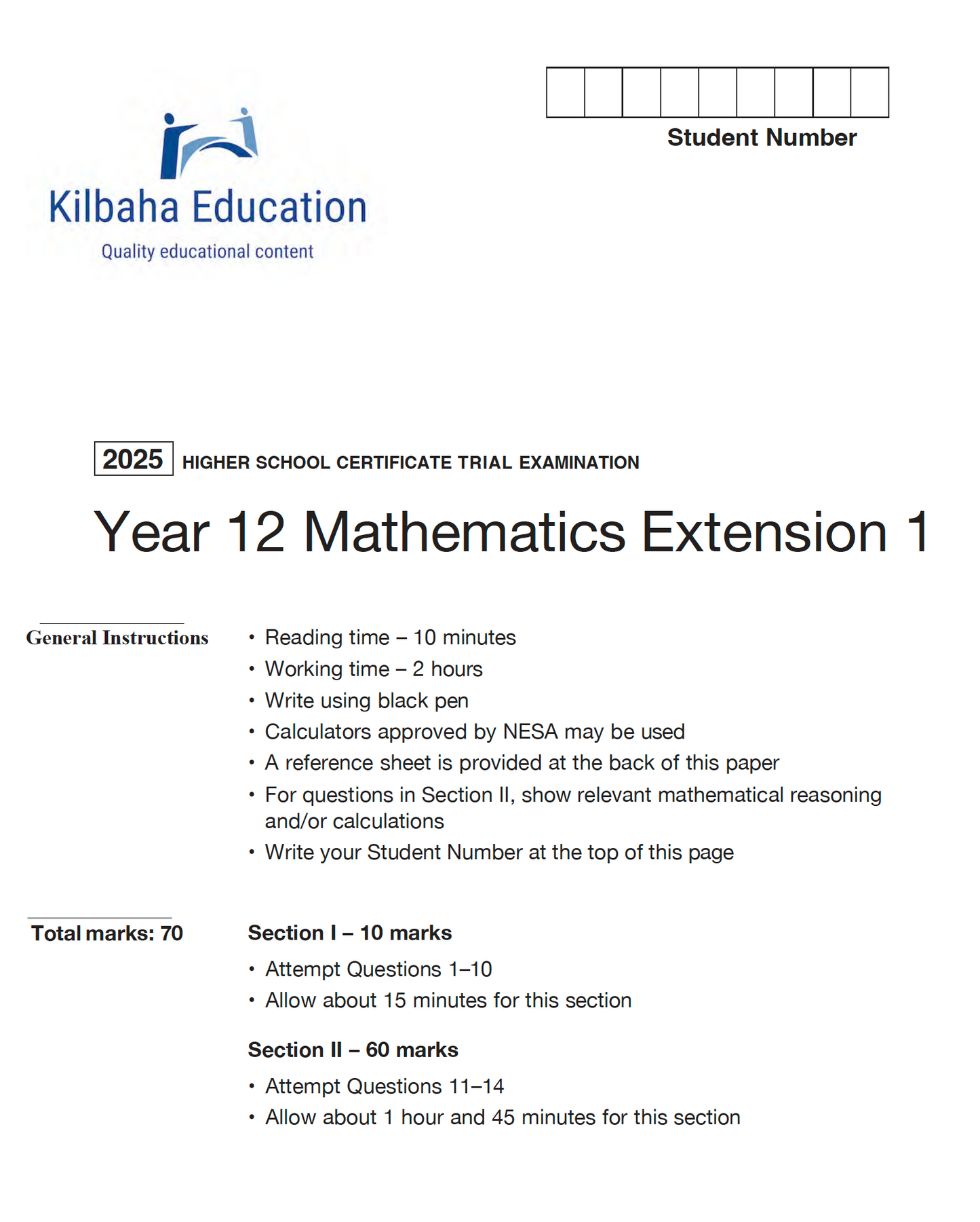 NSW HSC Year 12 Mathematics Extension 1 - Trial Examination