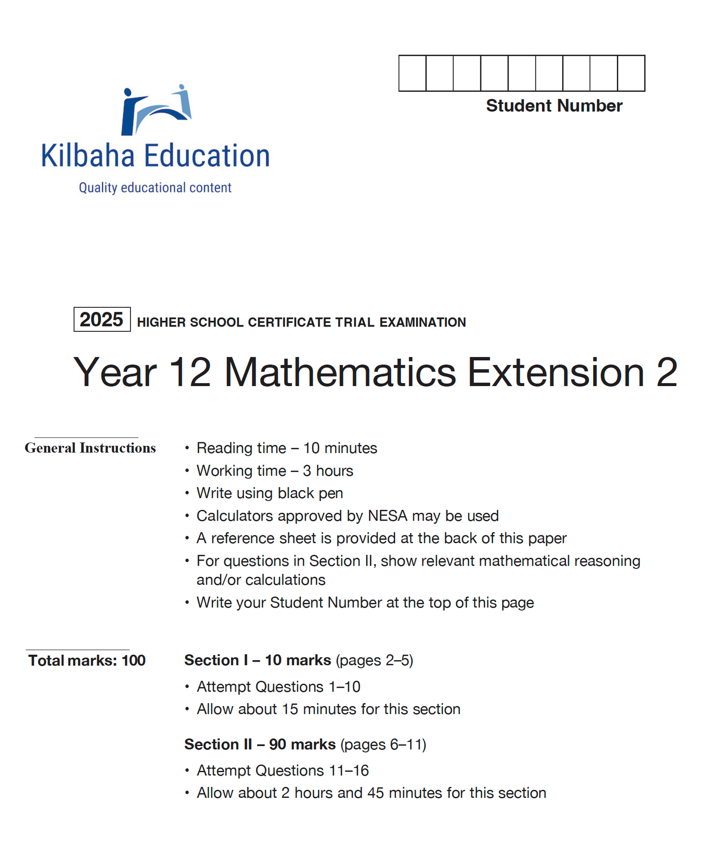 NSW HSC Year 12 Mathematics Extension 2 - Trial Examination