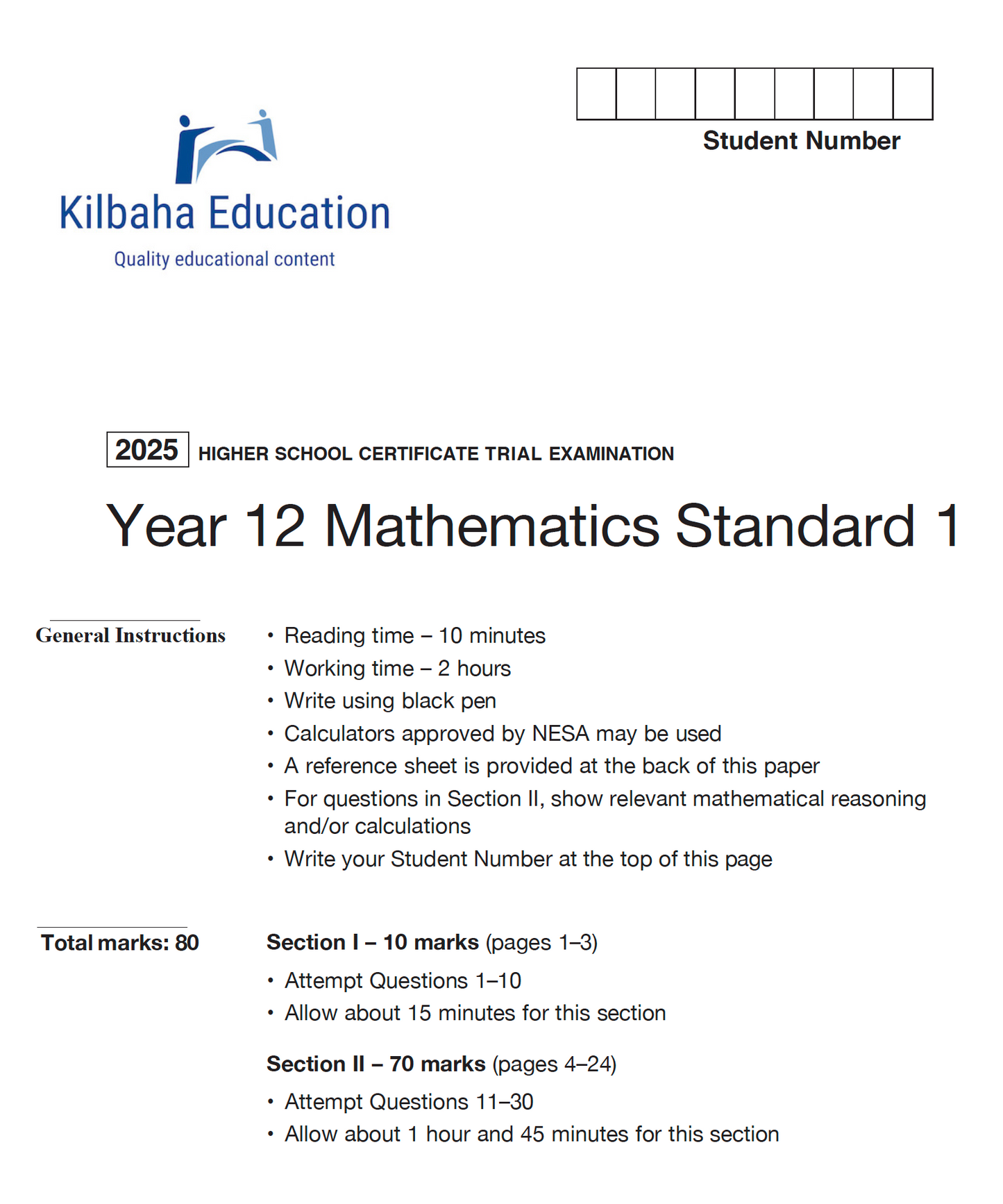 NSW HSC Year 12 Mathematics Standard 1 - Trial Examination
