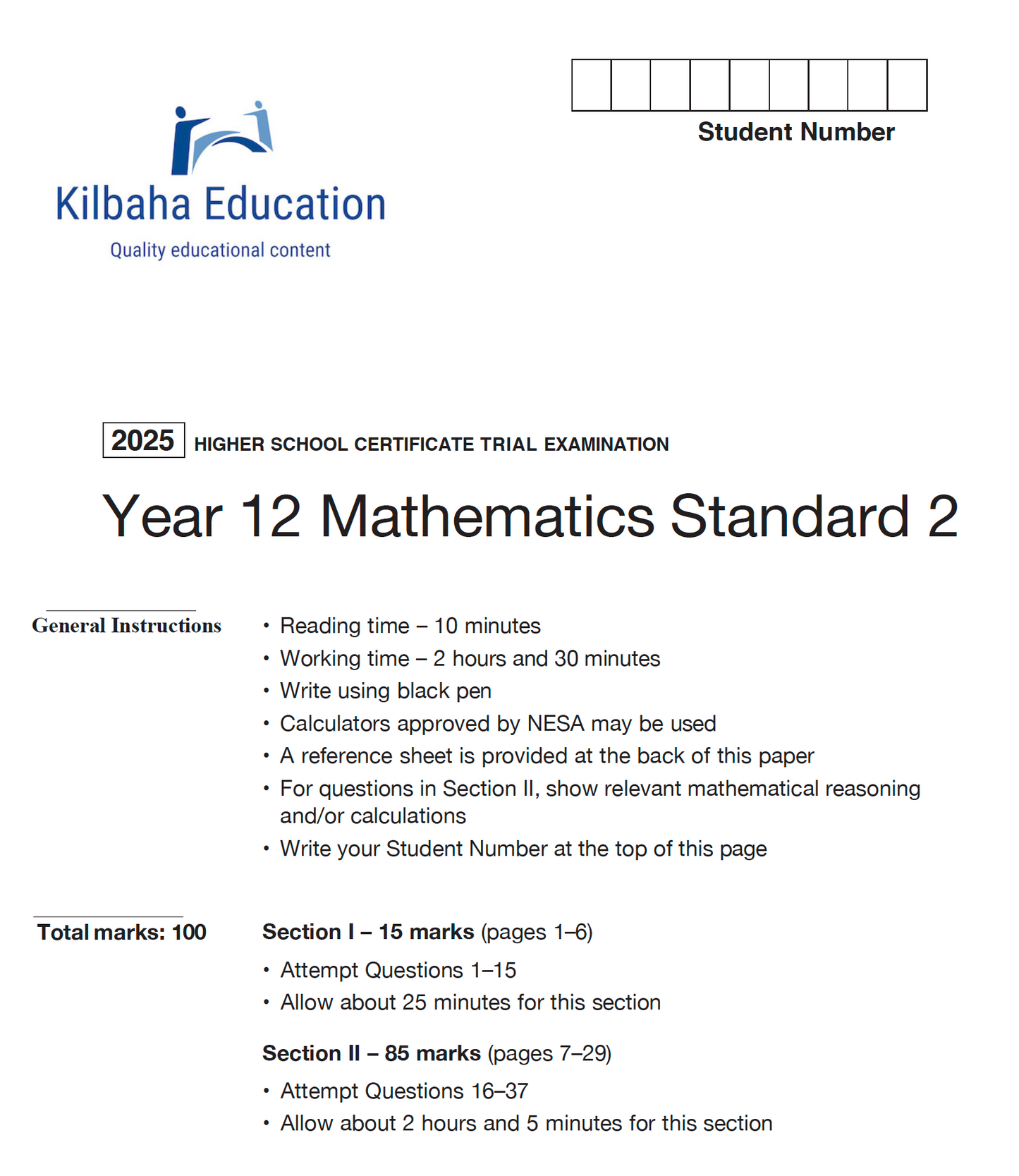 NSW HSC Year 12 Mathematics Standard 2 - Trial Examination