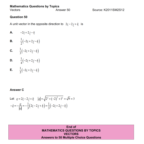 MQBT13 - Vectors - 50 Multiple Choice Questions