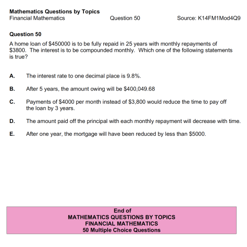 MQBT5 - Financial Mathematics - 50 Multiple Choice Questions