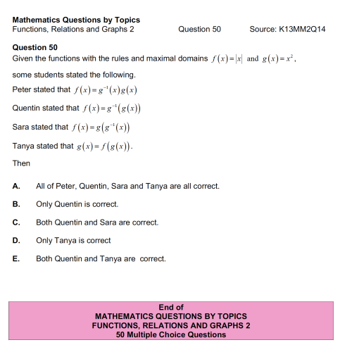 MQBT7 - Functions and Relations 2 - 50 Multiple Choice Questions